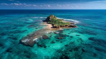 Aerial View of a Small Tropical Island in a Vibrant Ocean photo