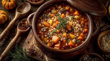 Hearty Autumn Vegetable Stew in Rustic Brown Pot photo