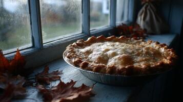 Golden Apple Pie on Rustic Windowsill with Autumn Leaves photo
