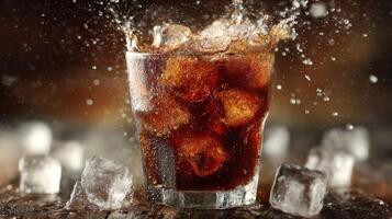 Dark Brown Cola Drink with Ice Cubes Splashing photo