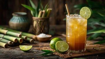 Refreshing Brown Tropical Cocktail with Lime and Ice photo