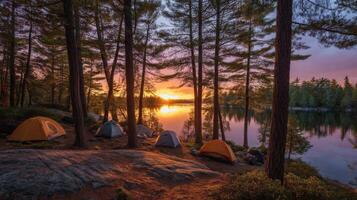 Camping at Sunset by a Lake in a Pine Forest photo