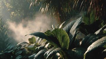 Lush Tropical Jungle with Sunlight and Mist photo