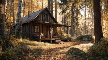 Rustic Wooden Cabin in Autumn Forest photo