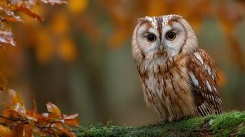 Tawny Owl Perched on Mossy Branch in Autumn Forest photo