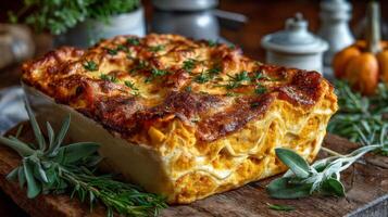Baked Pumpkin Lasagna with Herbs on Rustic Wooden Board photo