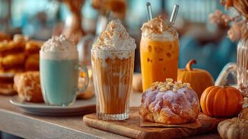 Pumpkin Spice Latte and Autumn Pastries on Wooden Table photo