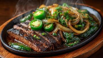 Sizzling Sliced Steak with Jalapenos and Onions photo