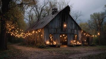 Rustic Old Barn at Night with String Lights photo