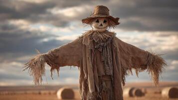 Rustic Scarecrow in a Brown Field under a Cloudy Sky photo