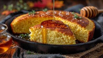 Golden Cornbread with Honey Drizzle in Cast Iron Pan photo