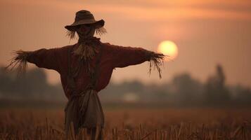 Rustic Scarecrow in a Wheat Field at Sunset photo