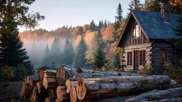 Rustic Log Cabin in Autumn Forest at Sunrise photo