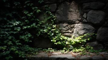 Sunlit Stone Wall Covered in Lush Green Ivy photo