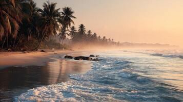 Sunrise Over Tropical Beach with Palm Trees photo