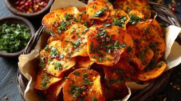 Spicy Sweet Potato Chips with Parsley and Red Pepper photo
