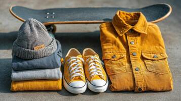 Yellow Corduroy Jacket and Accessories on Skateboard photo