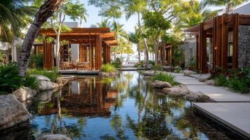 Tranquil Tropical Resort Courtyard with Pool and Wooden Structures photo