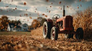 Red Vintage Tractor in Autumn Field photo