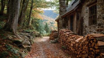 Rustic Stone Cabin Path in Autumn Woods photo