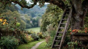 Rustic Garden Path with Wooden Ladder and Apple Tree photo