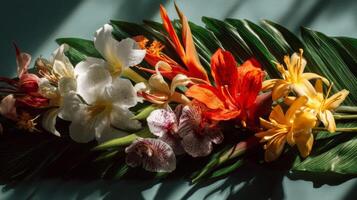 Vibrant Tropical Flower Arrangement with Sunlight and Shadow photo