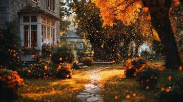 Autumnal Garden Scene with Falling Leaves and Stone Path photo