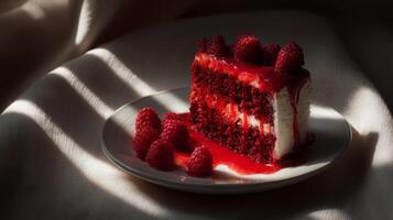 Red Velvet Cake with Raspberries and Sauce photo
