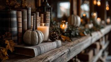 Rustic Autumn Decor with Candles and Books photo