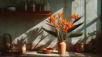 Orange Bird of Paradise Flowers in Rustic Kitchen Setting photo