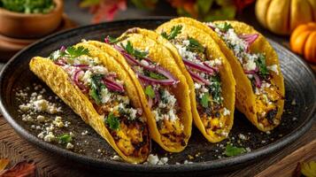 Three Delicious Tacos with Cheese and Red Onion on Dark Plate photo