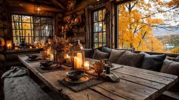 Rustic Autumn Cabin Dining Room with Mountain View photo