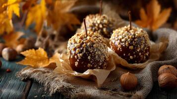 Caramel Apples with Nuts and Autumn Leaves photo