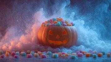 Glowing Jack-o'-lantern with Colorful Candy in a Smoky Halloween Setting photo