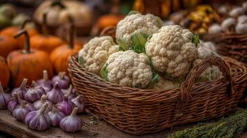 Fresh Cauliflower Harvest with Pumpkins and Garlic photo