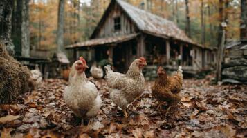 Chickens in front of Rustic Wooden Cabin during Autumn photo
