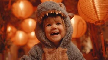 Happy Toddler in Dinosaur Costume with Festive Lanterns photo