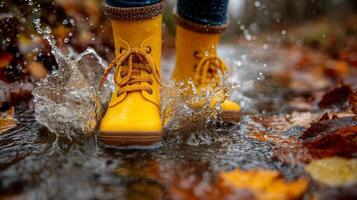 Child Playing in Autumn Puddle with Yellow Boots photo