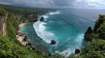 Coastal Panorama Turquoise Ocean Waves Crashing Cliffs photo