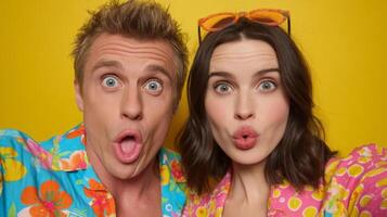 Closeup Portrait of a Happy Couple Making Funny Faces Against a Yellow Background photo