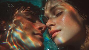Underwater Couple Portrait Close-Up of a Young Couple's Faces, Submerged in Teal Water with photo
