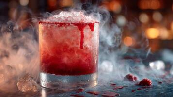 Red Raspberry Cocktail with Smoke and Ice on Dark Bar photo