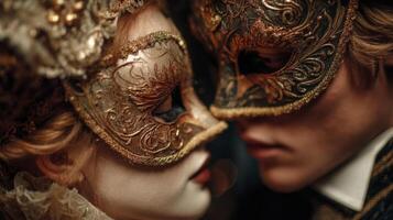 Close-Up Portrait of a Couple Wearing Ornate Gold Masks photo