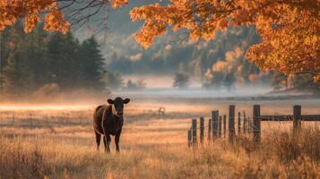 Young Cow in Misty Autumn Field at Sunrise photo