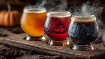 Three Glasses of Autumnal Beer Flight on Wooden Board photo