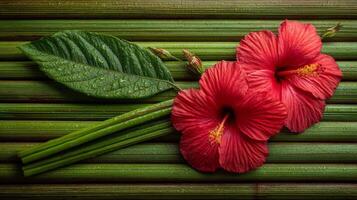 Red Hibiscus Flowers on Green Bamboo Background photo