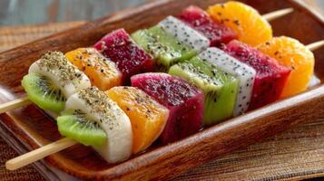 Colorful Fruit Skewers on Wooden Tray photo