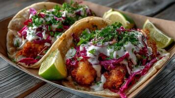 Two Crispy Fish Tacos with Red Cabbage Slaw and Creamy Sauce photo
