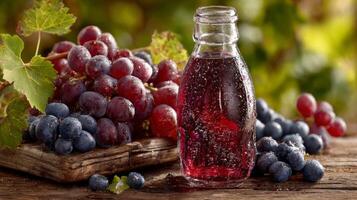 Red and Purple Grapes with Juice Bottle on Rustic Wooden Table photo