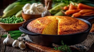 Golden Brown Cornbread in Cast Iron Skillet with Vegetables photo